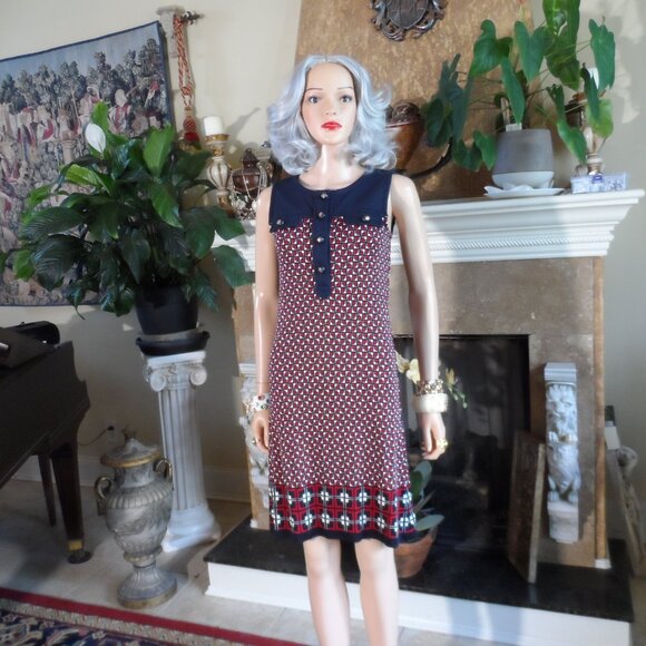Tory Burch Silk/Wool Navy Blue/Red/White Print Sheath Dress Size XS - Picture 2 of 16